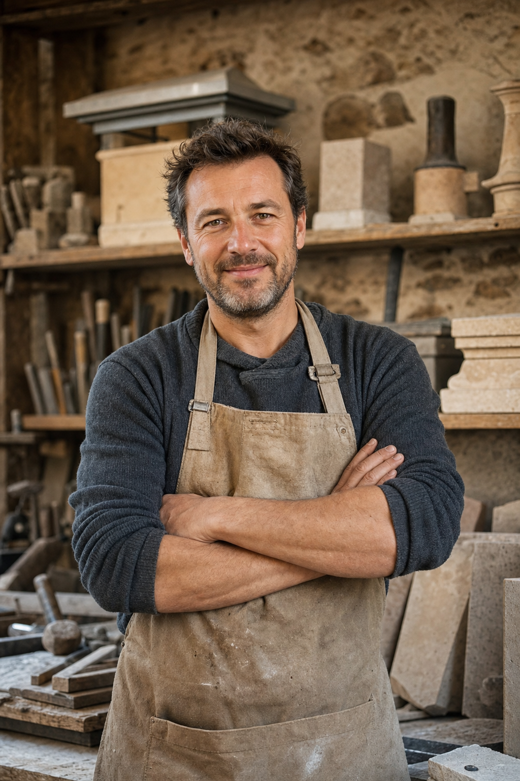 Romain Chevalier, artisan cheministe, dans son atelier entouré d'outils et de pierres