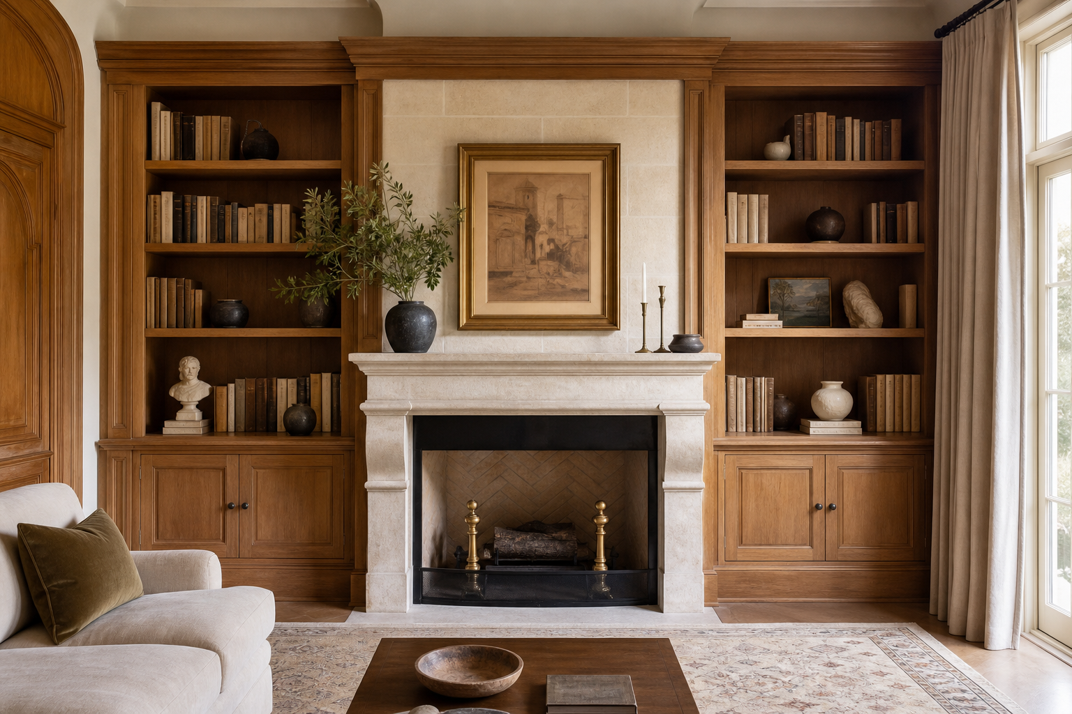 Aménagement intérieur sur mesure avec bibliothèque en bois autour d'une cheminée