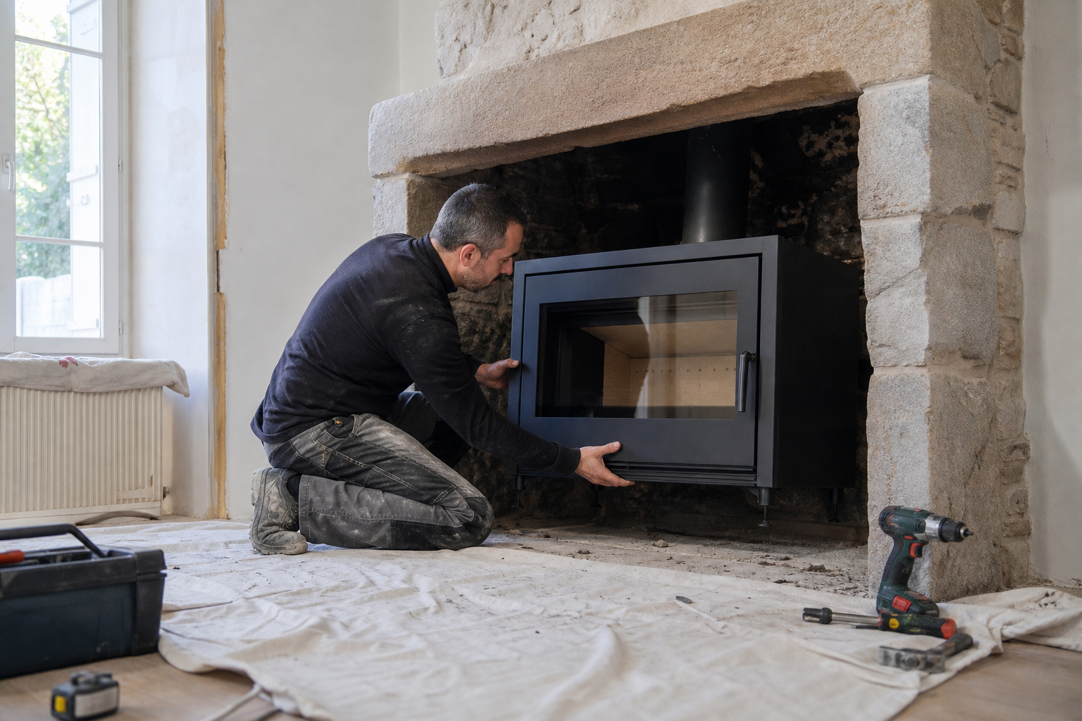 Artisan installant un insert de cheminée dans un salon en travaux